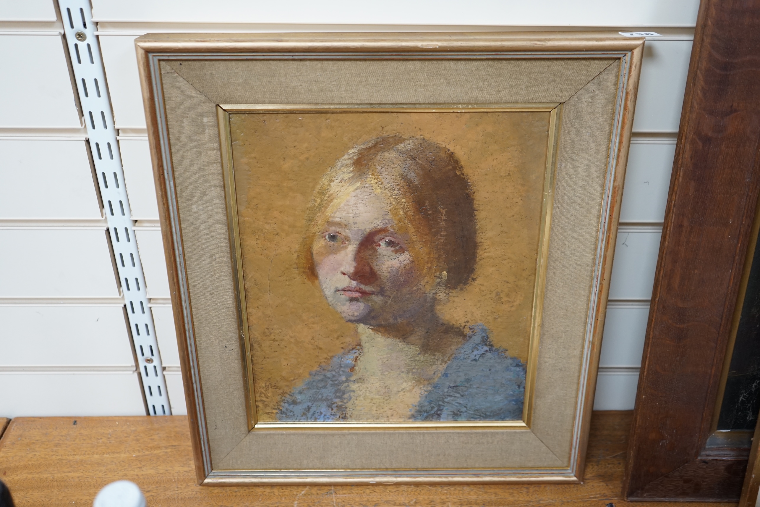 20th century oil on board, Portrait of a young woman, Phoenix Gallery label verso, 34 x 28cm. Condition - good